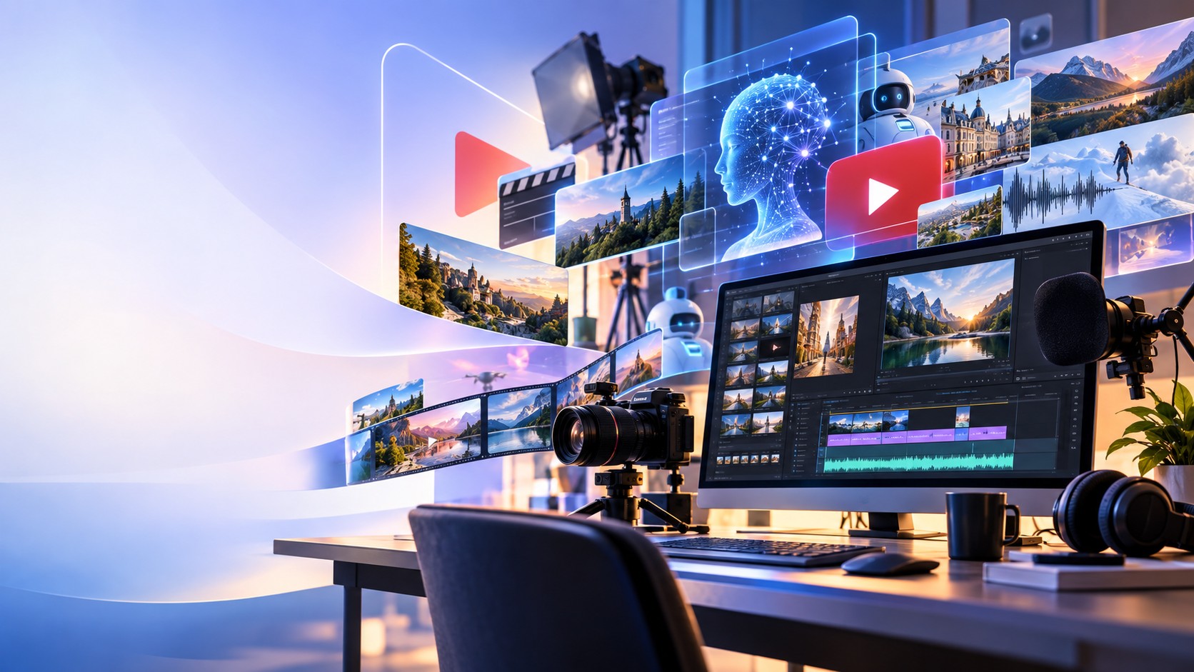 Chronologie de montage vidéo sur un ordinateur portable, à côté d'un graphique de revenus YouTube et d'étiquettes représentant les revenus publicitaires, l'affiliation, les partenariats et le travail pour des clients.